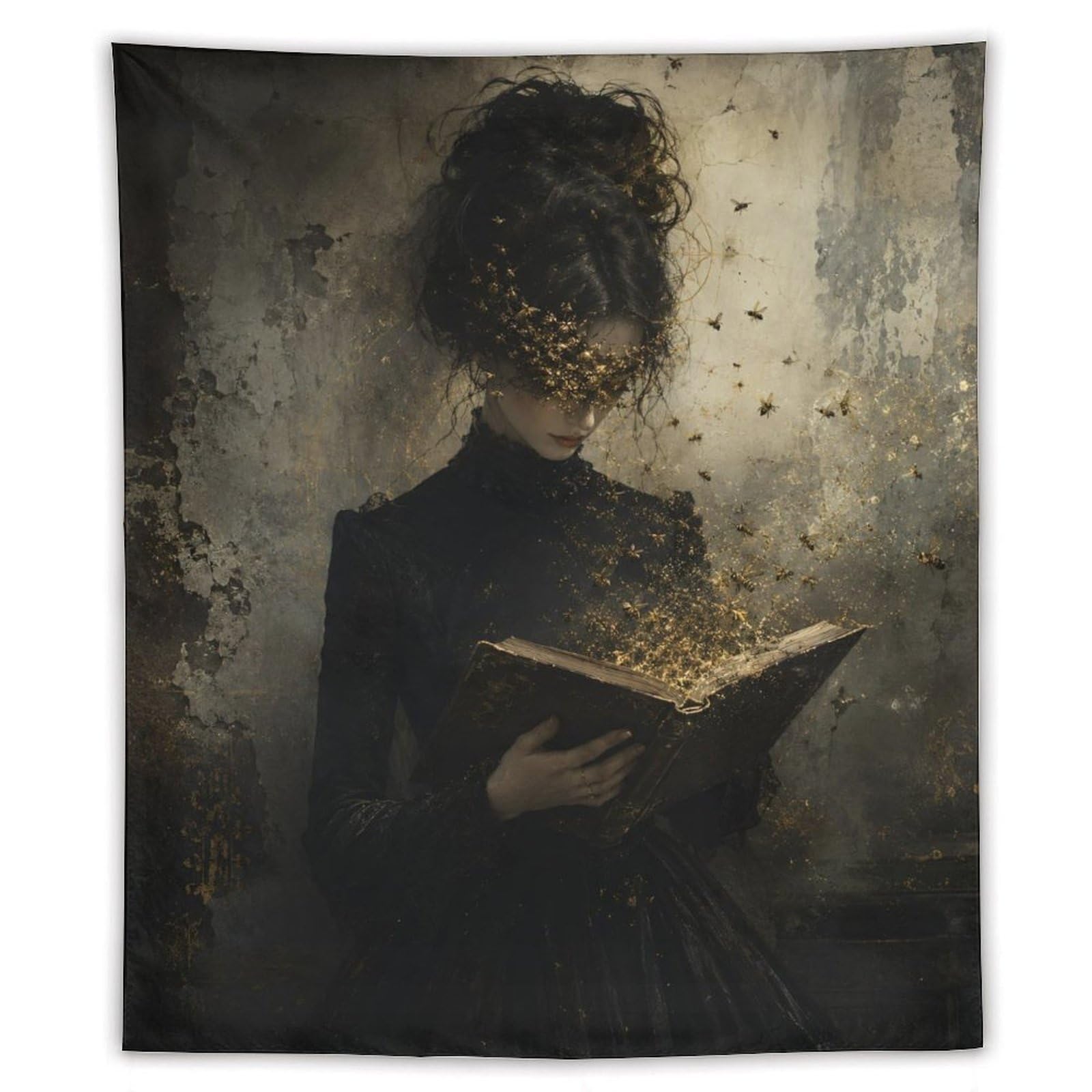 H3B8U2Y5 Dark Woman with Book Wall Tapestry, Detailed Illustration