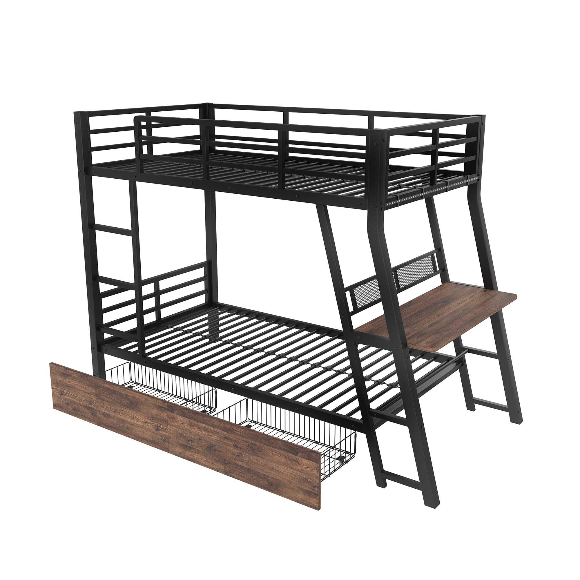 Hochbett Jugendbett 90x200 für 2 Kinder, Kinderbett Etagenbett mit LED-Licht&Schreibtisch&Schubladen&Leiter, Metallbett Stockbett Bettgestell mit Rausfallschutz und Lattenrost, Ohne Matratze, Schwarz