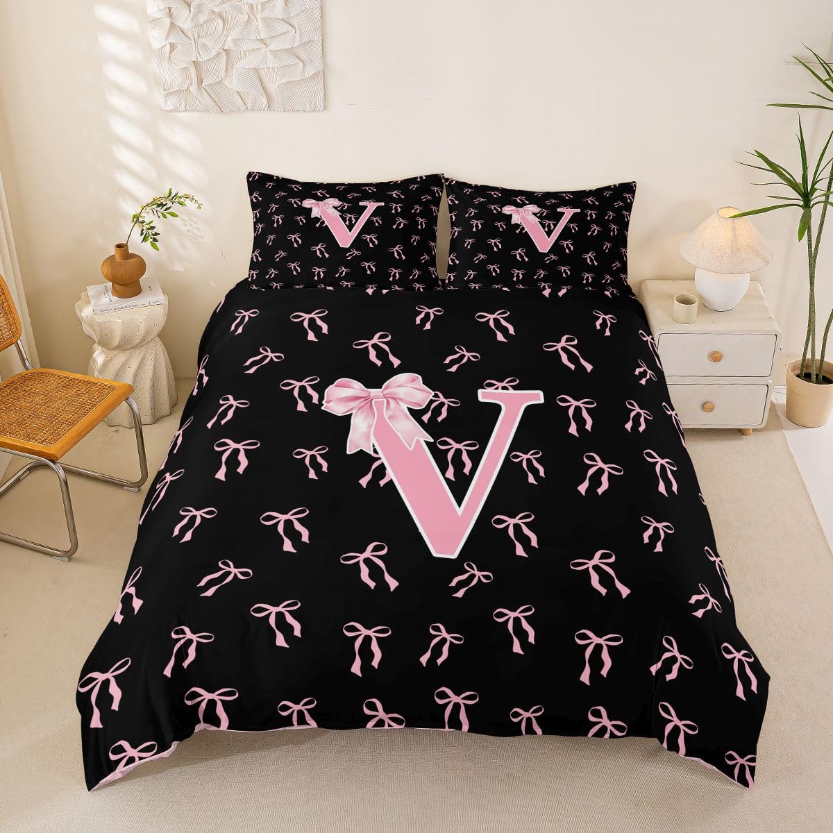 Homewish Dzieci urocza księżniczka król poszewka na kołdrę różowa wstążka kokarda zestaw pościeli akwarela kokarda monogram V poszewka na kołdrę czarna estetyczna motyl węzeł zestawy łóżek