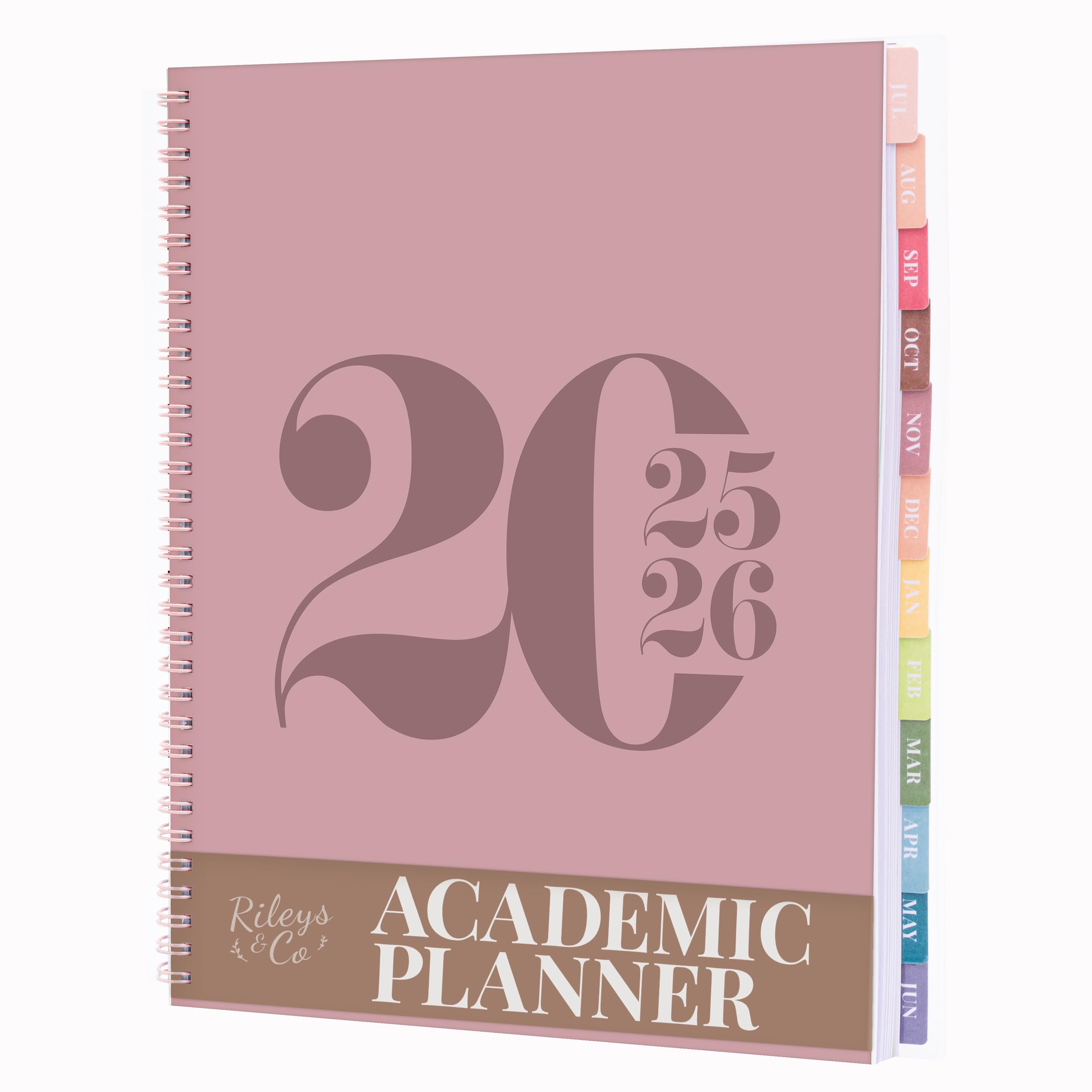 Rileys Academic Planner 2025-2026, Daily, Weekly & Monthly Planner, July 2025 - June 2026, Student Notes Pages, Twin-Wire Binding, Weekly Agenda for School & Work (8.5 x 11-Inches, Pink, Typographic)