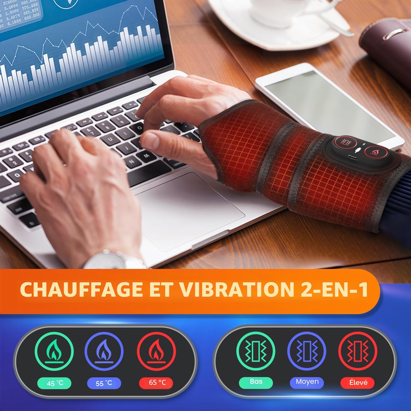 Coussin chauffant sans fil pour poignet avec vibrations, coussin chauffant pour coude, poignet, cheville avec 3 modes de chaleur et de vibration
