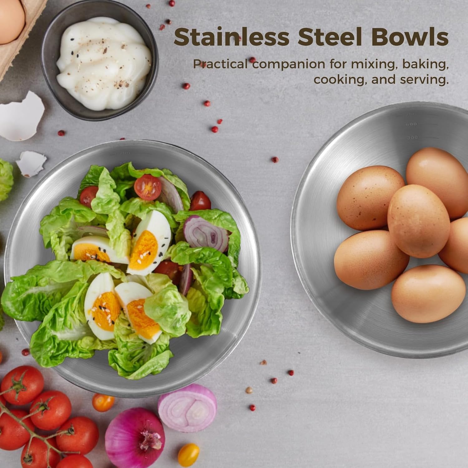 Eight Pcs Stainless Steel Mixing Bowls for Cooking, Baking, Meal Prep, Unbreakable Soup Bowls, Large Food Serving Bowls, Metal Dinner Bowls with Capacity Markings