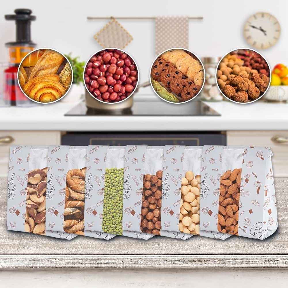 Paquete de 50 bolsas de pan de papel con ventana frontal, 13.8 x 9.5 x 4.3 pulgadas, grandes bolsas de pan de papel para pan casero, regalo con pegatinas