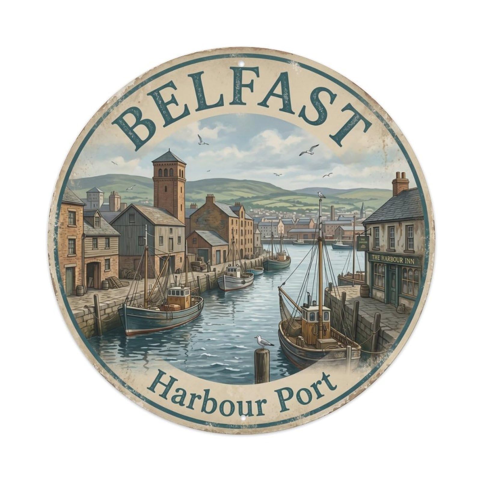 Fqcyn Style Vintage Travel Belfast Harbour Port Metal Tin Sign Plaque Wall Decor For Cafe, Club Bar, Office, Home Garden Round Metal Poster 8X8inch
