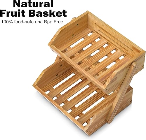 Miniatura 2 de CALM COZY Cesta de frutas y verduras de 2 niveles para cocina cuenco de frutas de madera para almacenamiento
