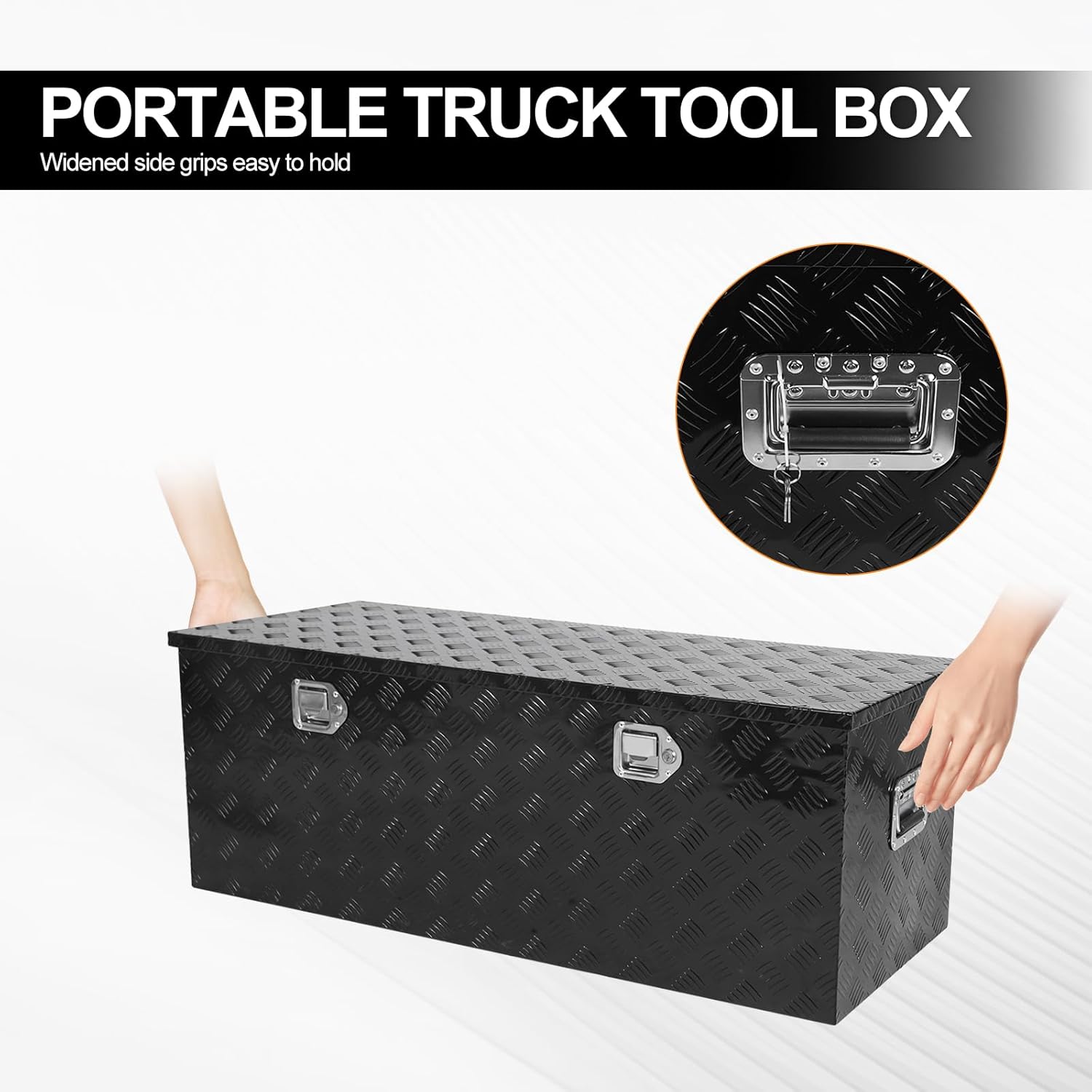 48 Inch Heavy Duty Aluminum Stripes Plated Truck Bed Tool Box with Side Handle Lock and Keys, 48×19.5×17.5 Inch Waterproof Storage Organizer for Pick up, Truck Bed, ATV, RV, Trailer