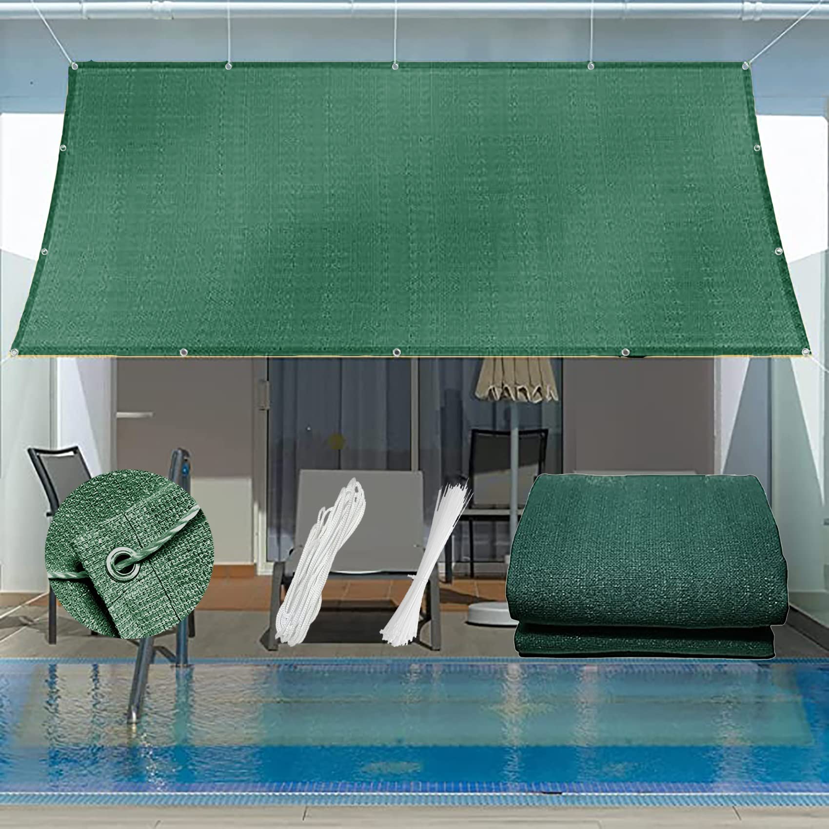 Voile d'ombrage 2x10m en toile haute densité vert foncé pour intimité de jardin