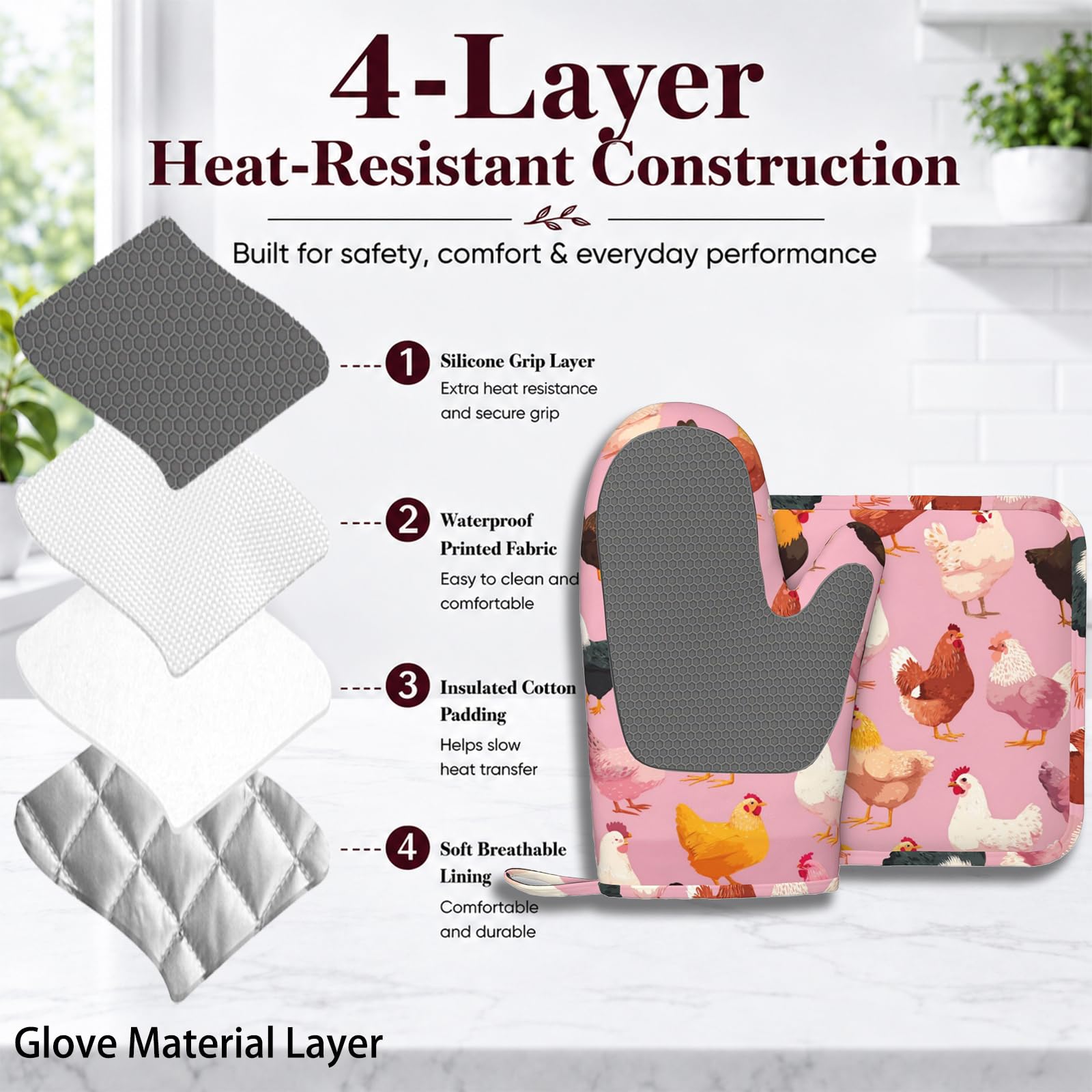 Ensemble de gants de cuisine et maniques en forme de coq et poule - Surface antidérapante en silicone pour barbecue, cuisine, pâtisserie, grillades
