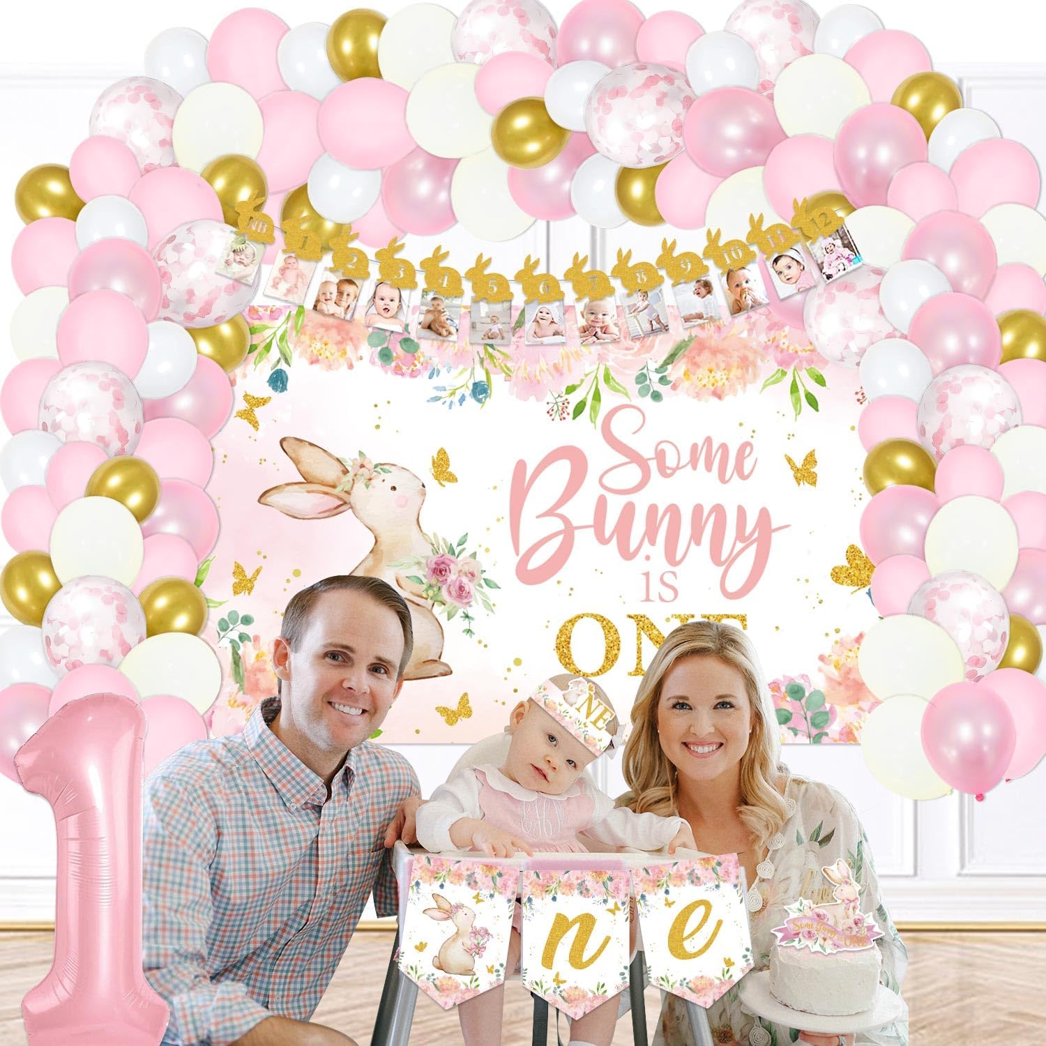 LXlucktim Some Bunny Is One Birthday Party Supplies, 154 Pcs Bunny Party Decorations for Boys Girls Baby - Backdrop, Photo Banners, Cupcakes Wrappers, Balloons, Highchair Banner, Crown and Poster