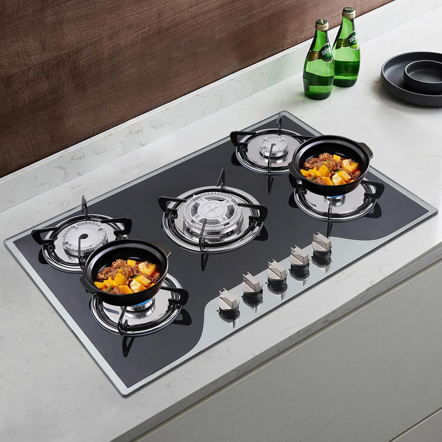 Propane Gas Cooktop Tempered Glass Auto-Ignition Gas Burner Stove portable gas stove Camping Burner for Outdoor RV Camping Apartment Cooking (5-Burner)