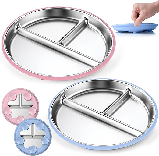 OVV Stainless Steel Kids Plates (2 Pack) 8 Inch Toddler Divided Plates with Removable Silicone Sleeves & 5 Suction Cups Baby Self Feeding | Mess-Free Mealtime | Dishwasher Safe