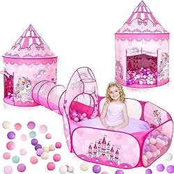 Barraca infantil Menina com Túnel Tema Unicórnio – Tenda Dobrável com Piscina de Bolinhas, Cesta de Basquete, Design Colorido e Espaçoso para Brincar em Casa ou Área Externa