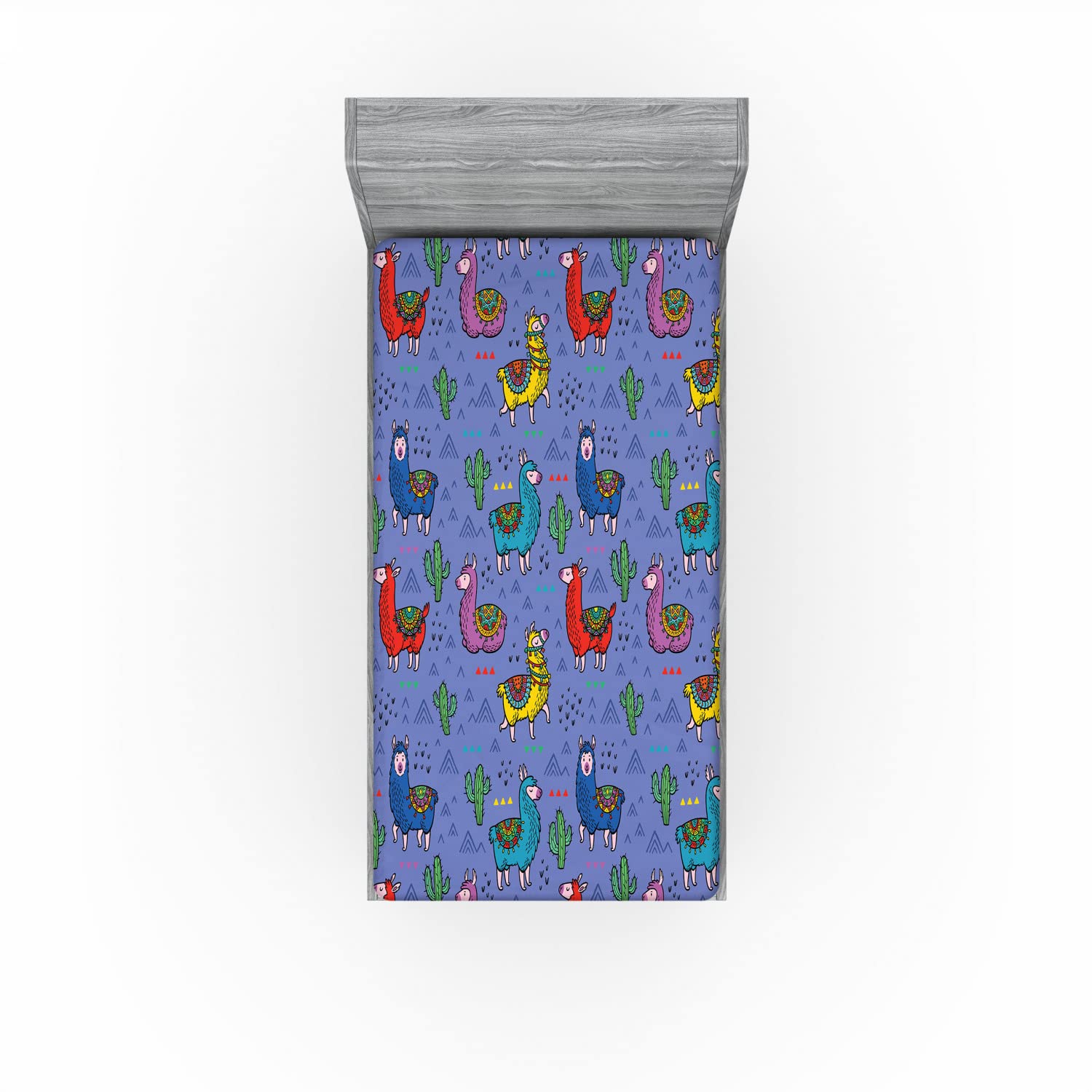 Ambesonne Llama 2 Pack Fitted Sheet, Cartoon Animal Triangles, Bed Cover All-Round Elastic Deep Pockets 2 Pieces, Package Contains 2 Twin Size Fitted Sheets, Blue Purple