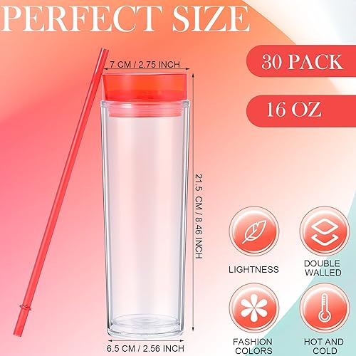 Miniatura 2 de Hoolerry 30 vasos delgados de acrílico de 16 onzas con tapas y pajitas, vaso de plástico de doble pared, vasos delgados de plástico a granel para