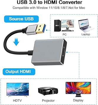 USB - HDMIアダプターケーブル USB 3.0 - HDMI 1080P オーディオビデオグラフィックスコンバーターケーブル ノートパソコンモニターデスクトップTV用 Windows 11/10/8.1/8/7対応