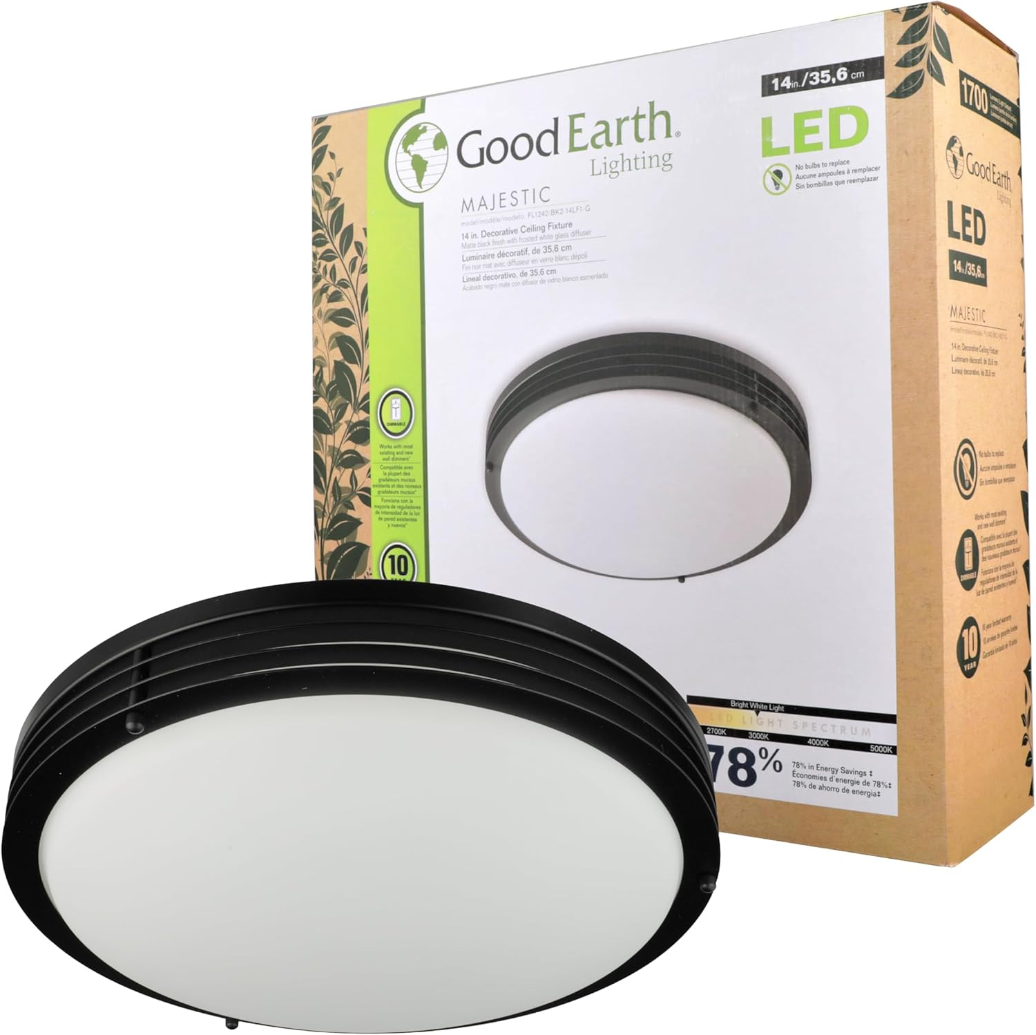Good Earth Lighting Majestic 14-in LED Ceiling Fixture, 1700 Lumens, Dimmable, Matte Black