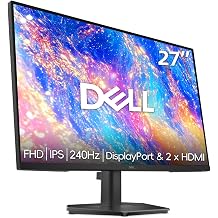 Dell 27 inch Monitor, LED FHD - 240Hz Refresh Rate 10001 Contrast Ratio, 0.5ms, IPS, 99% sRGB, AMD FreeSync - VESA, Tilt Adjustability, DisplayPort & 2 x HDMI, Anti-Glare, Black