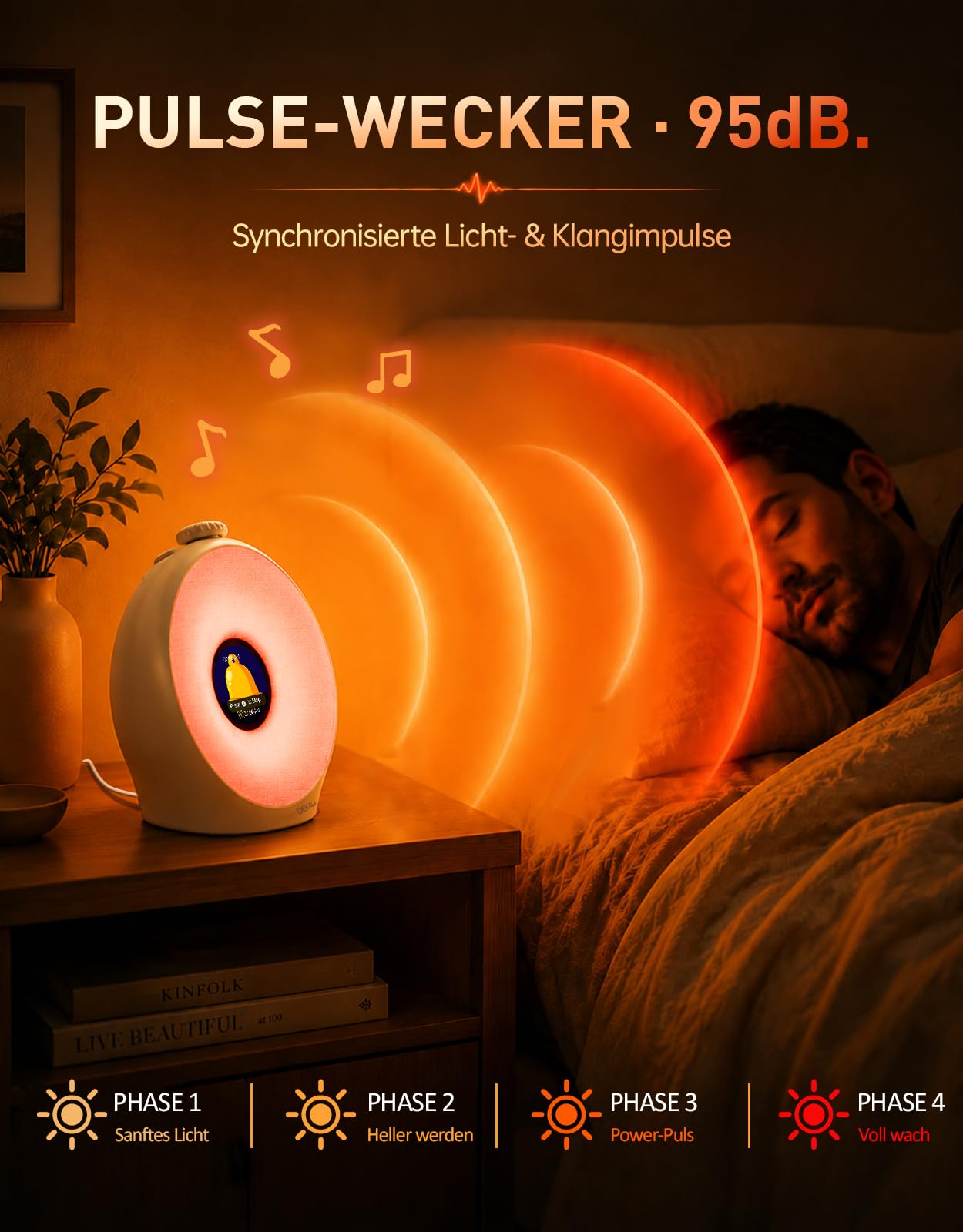 Dekala Tageslichtwecker für Tiefschläfer mit Pulse Wake 95 dB, Lichtwecker Sonnenaufgang & Sunset Sleep, Wake Up Light, 7 Display-Themen, Sound Machine, Atemlicht, 4 Alarme, Farbdisplay, Ohne App