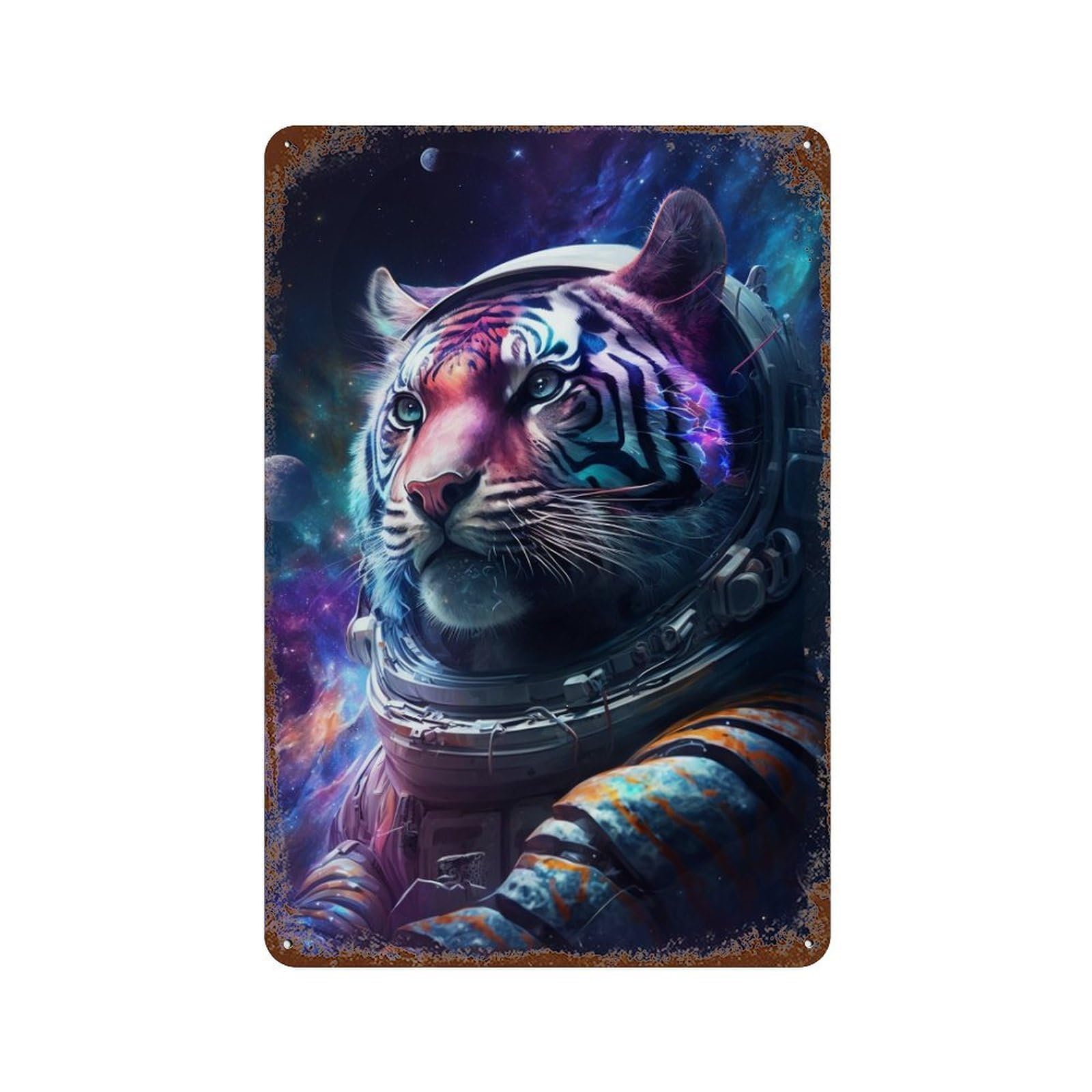 Space Tiger Astronaut Art Print-3 Vintage Rust Metal Sign 11.8"x7.9", Shabby Chic Decor for Living Room, Hallway And Home Decor