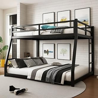 Full XL Over Queen Bunk Bed for Teens and Adults, Heavy-Duty Metal Bunk Bed Frame with Full Length Guardrail and Ladder, Noise Reduced & No Box Spring Needed, Black
