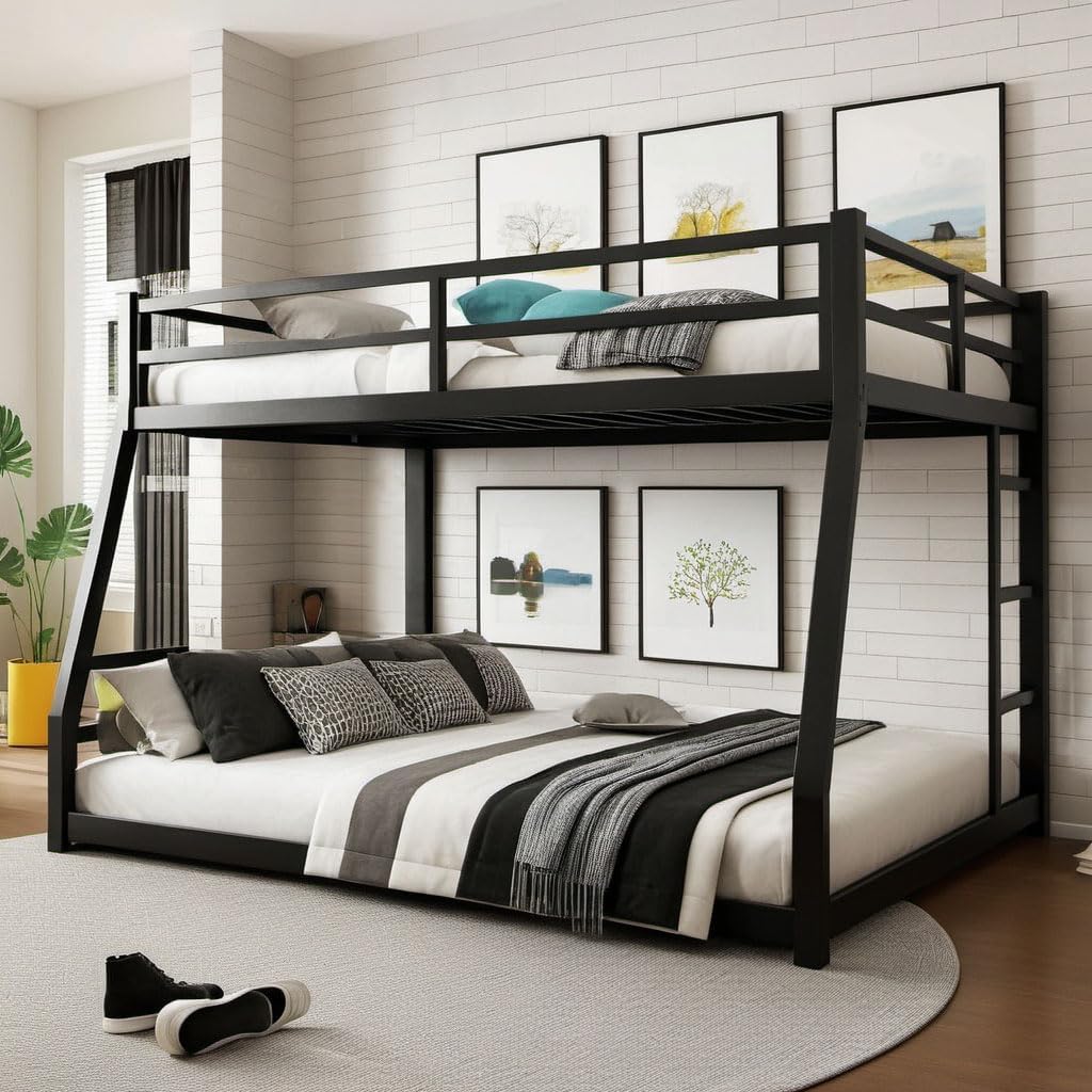 Full XL Over Queen Bunk Bed for Teens and Adults, Heavy-Duty Metal Bunk Bed Frame with Full Length Guardrail and Ladder, Noise Reduced & No Box Spring Needed, Black