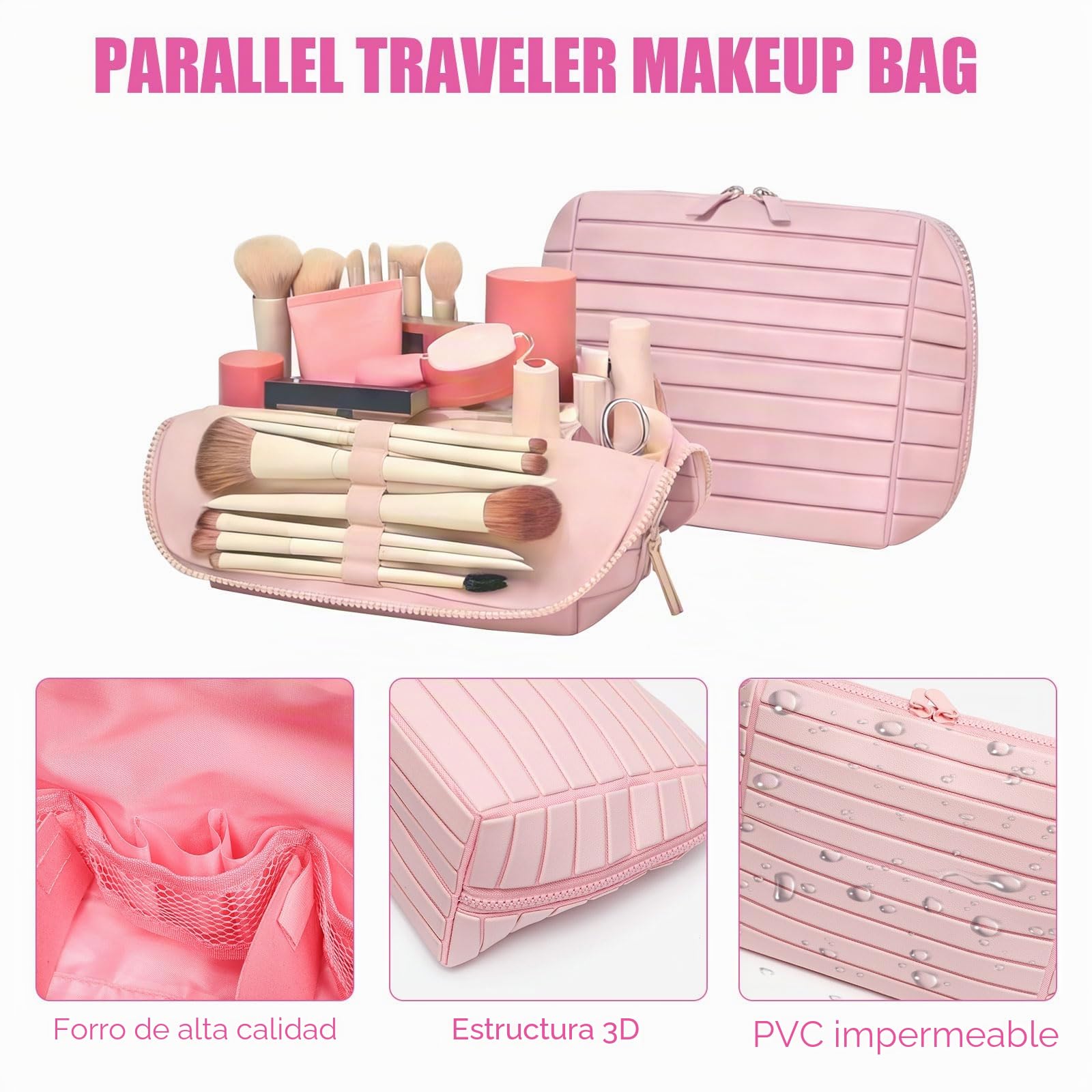 Bolsa de maquillaje de viaje paralelo para mujer, bolsa de aseo plegable paralelo, bolsas de almacenamiento impermeables con compartimentos para el cuidado de la piel, artículos de tocador, Marrón
