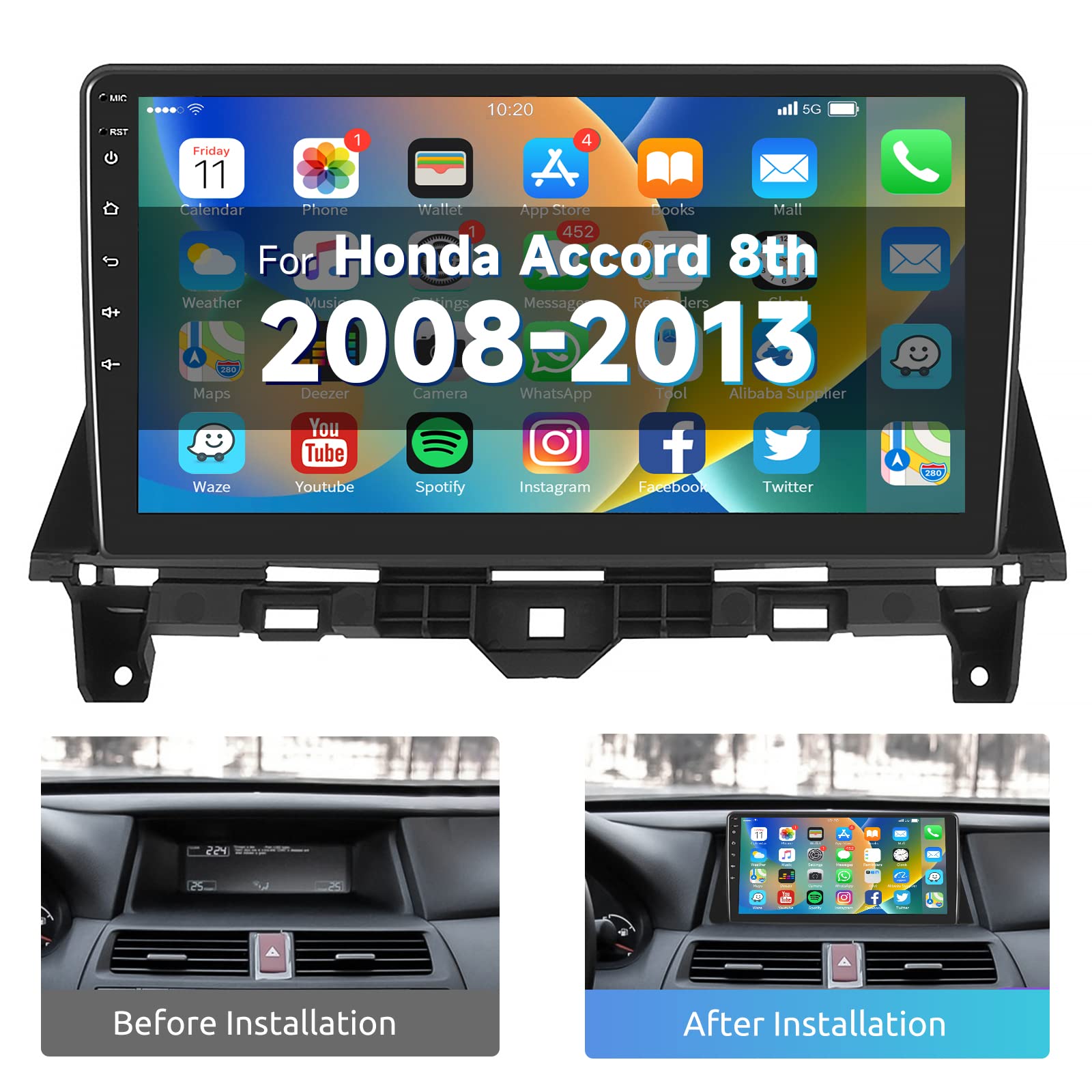 for Honda Accord 8th 2008-2013 Android Car Stereo with WiFi GPS Navigation Radio Player Mirror Link for Android/iOS Phone 10.1 Inch HD Touchscreen Auto FM/RDS Radio Receiver USB Input Backup Camera