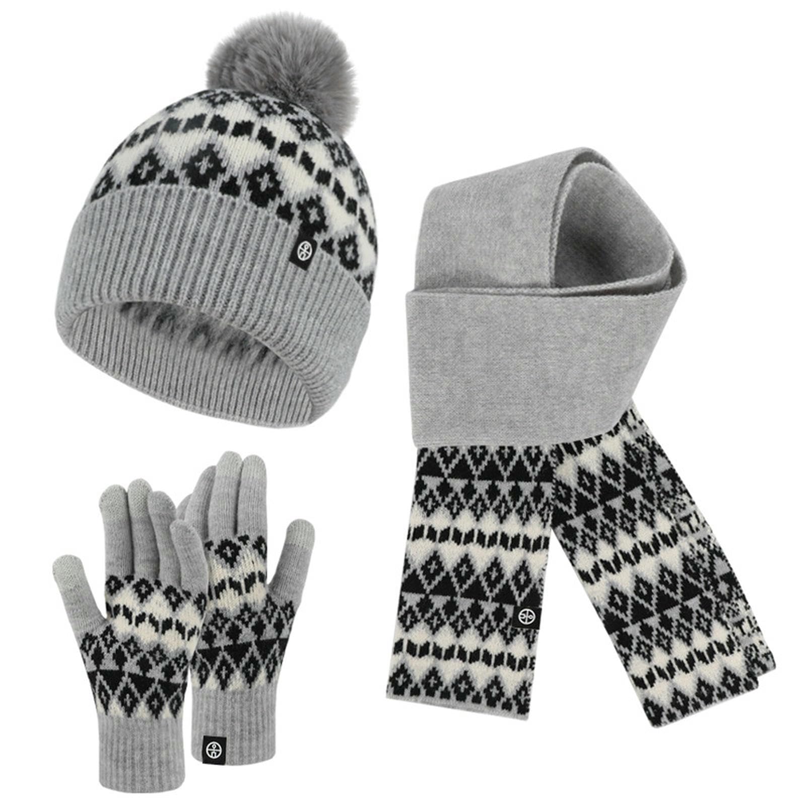 Wintermütze Schal Handschuhe Set Dreiteiliges Für Erwachsene, Bestehend Aus Bommelmütze, Und Handschuhen, Warme Jacquard-Strick-cremeweißer Jacquard-Anzug