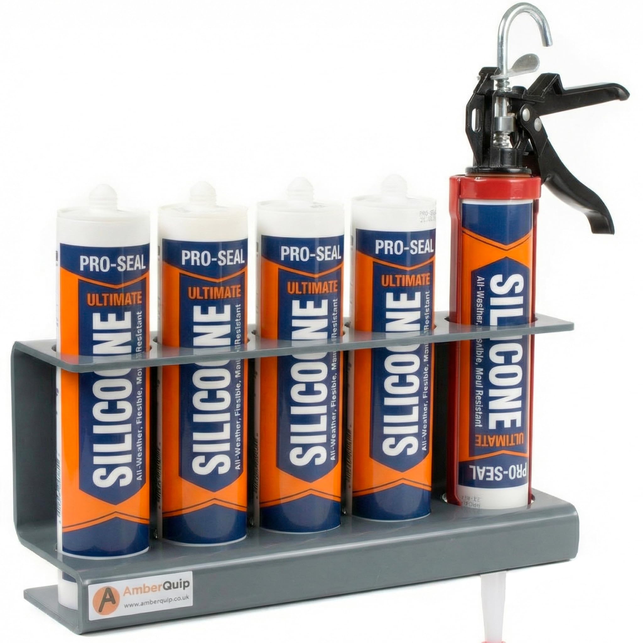 Amberquip Storage Holder for Silicone Sealant Tubes. Organiser Rack fits Mastic, Caulk and Adhesive. Ideal for Vans, Workshop & Garage Use. 100% WATERPROOF Grey PVC. (Gun & 4 Tube Holder) โ image 1