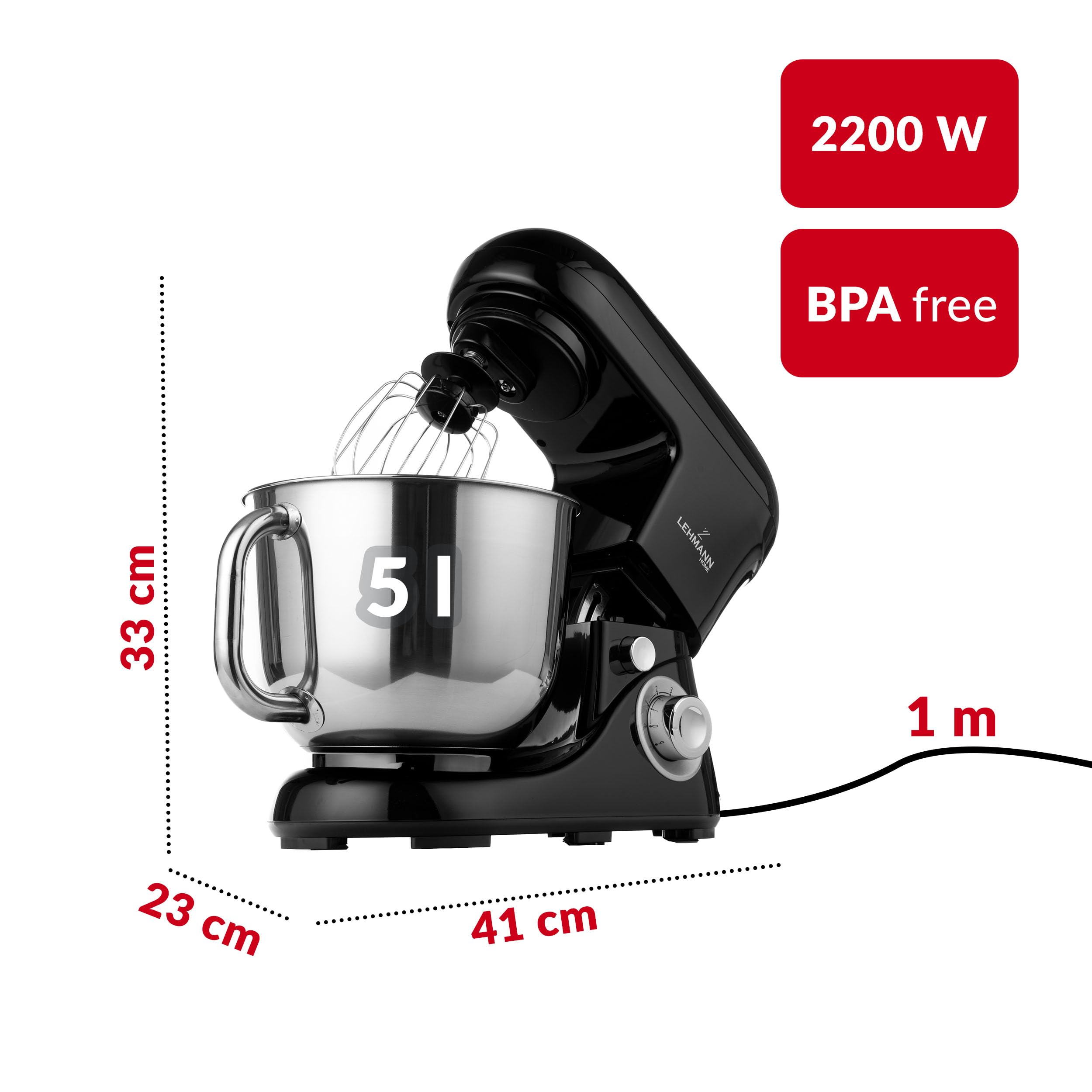 LEHMANN LHOPM-1305C Robot Pâtissier Multifonction 2200 W, Robot Culinaire à Mouvement Planétaire avec Fouet, Batteur, Crochet, Bol d'Acier Inoxydable 5 Litres, 6 Vitesses et Fonction Pulse, Noir