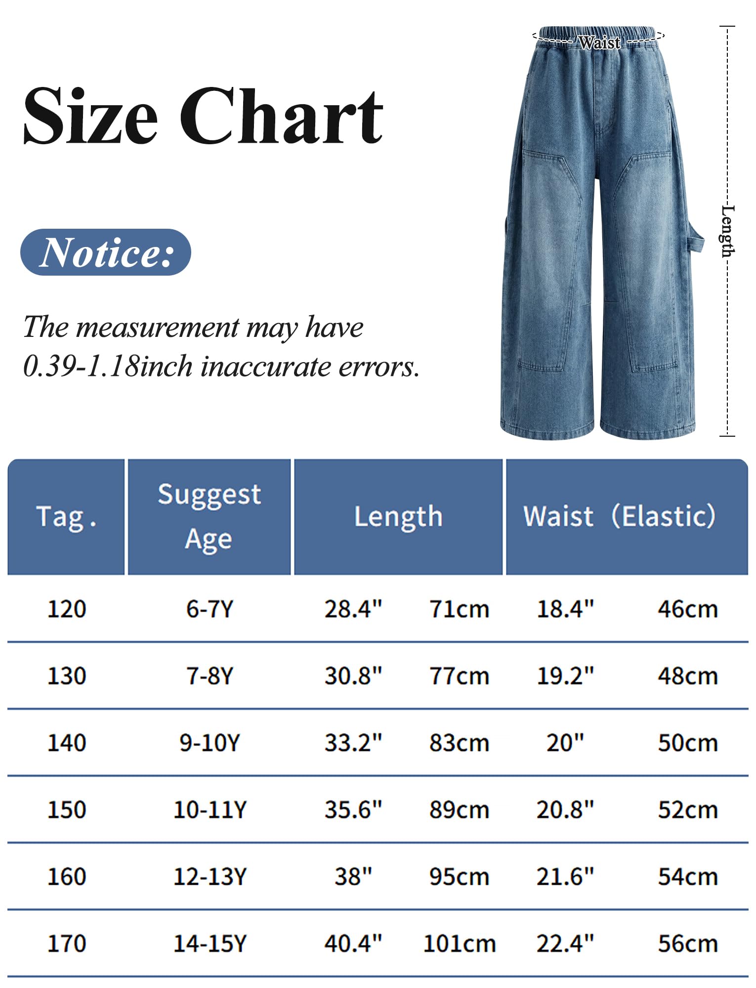 SEAUR Pantalones de mezclilla holgados de pierna ancha para niños, cintura elástica, pantalones de mezclilla para niños, pantalones cargo vintage Y2K, algodón, 6-15 años