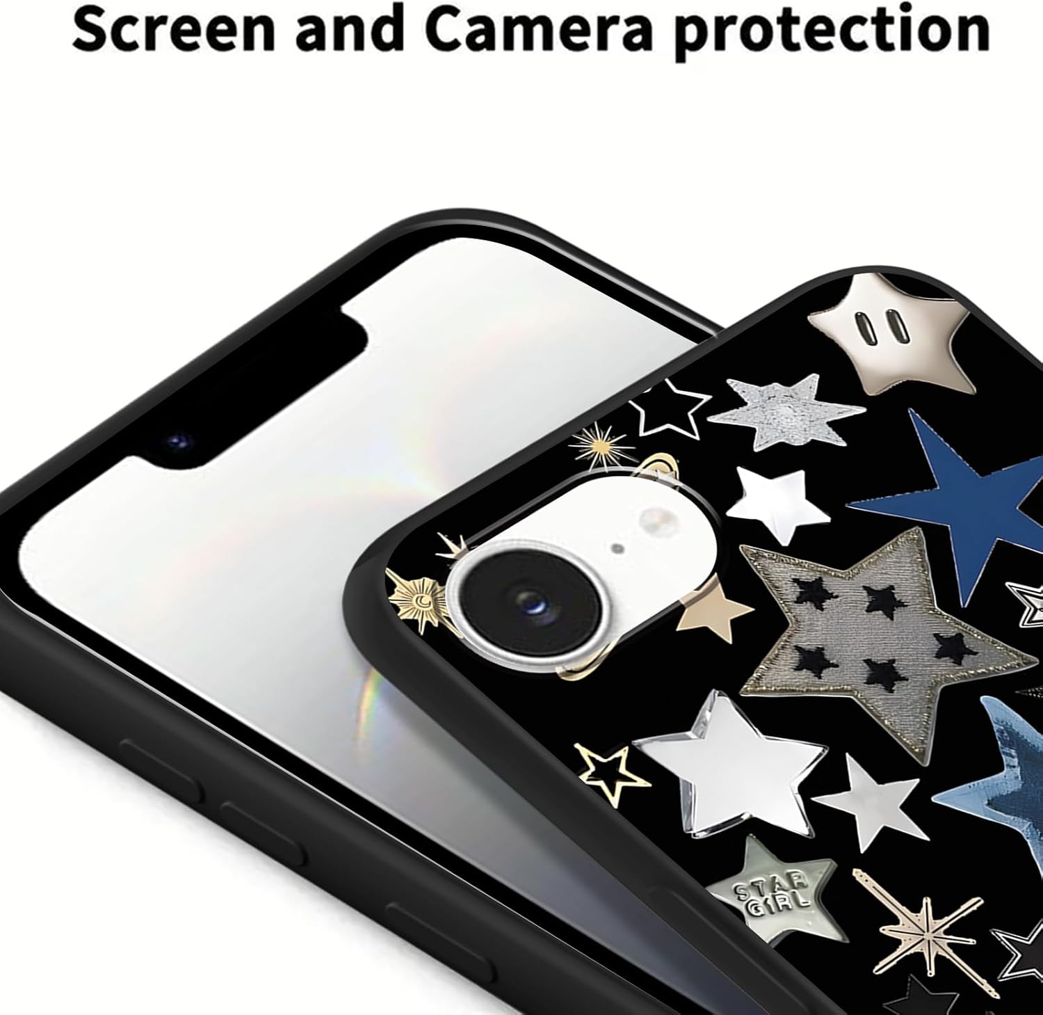 2 Pack Cool Star Phone Case for iPhone 16e 6.1",Cute Silver Stars Aesthetic Y2K Cases Trendy Design Cover for Women Men Girls,Black Silicone Shockproof Protective Funda for iPhone 16e image 2