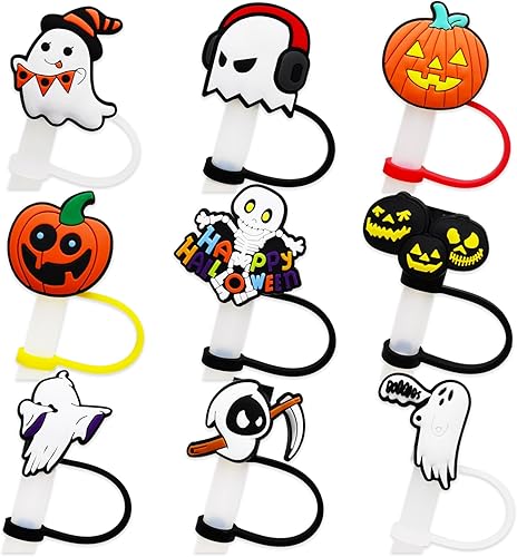 9 tapas de popote para beber de Halloween, diseño de calavera fantasma, reutilizables, portátiles, tapas de popote para vasos, protector de tapones