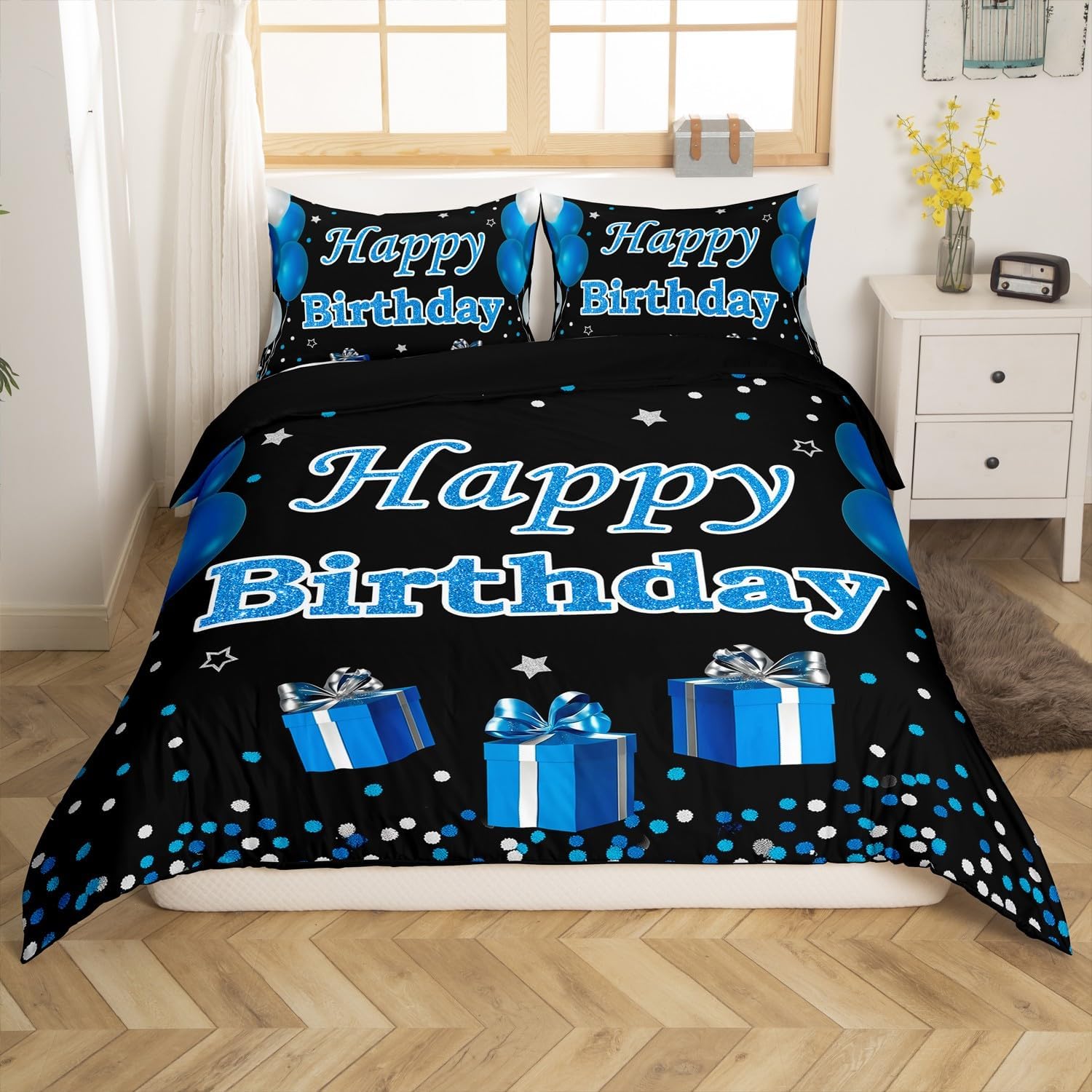 Erosebridal Birthday Decorations for Boys Bedding Set Queen, Happy Birthday Theme Duvet Cover Blue Birthday Decorations for Men Bed Set Blue and Silver Party Decorations Bed Covers, No Comforter