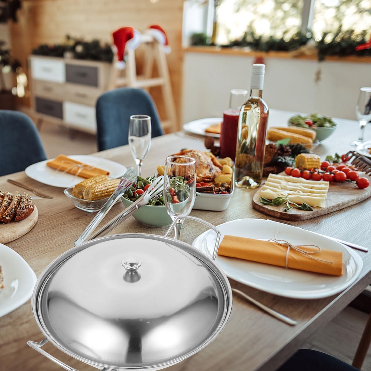 Alipis Stainless Steel Heavy Duty Wok with Lid Double Ears Cooking Pot for Home Outdoor Use for Noodles Pasta Seafood and More