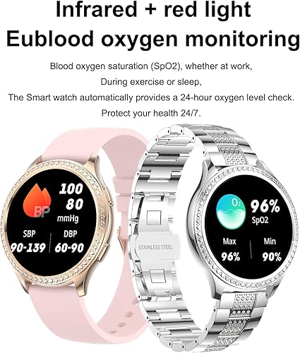 Miniatura 5 de Reloj inteligente para mujer, reloj inteligente dorado y plateado, reloj inteligente de presión arterial con llamada Bluetooth, monitor de sueño,
