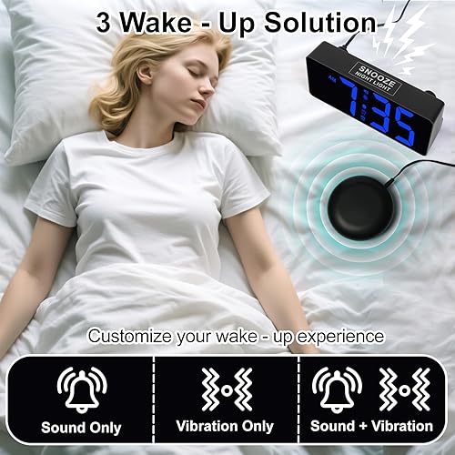 Miniatura 2 de Reloj despertador para dormitorio con agitador de cama y luz nocturna, reloj digital con vibración, dígitos LED regulables grandes con alarma dual y
