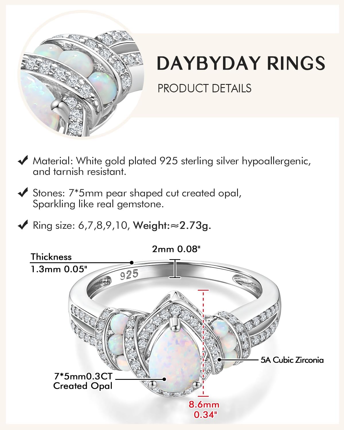 DAYBYDAY Pear Birthstone Rings for Women 925 Sterling Silver Created Gemstone Pear Shaped Engagement Ring Split Shank Anniversary Wedding Rings for Women