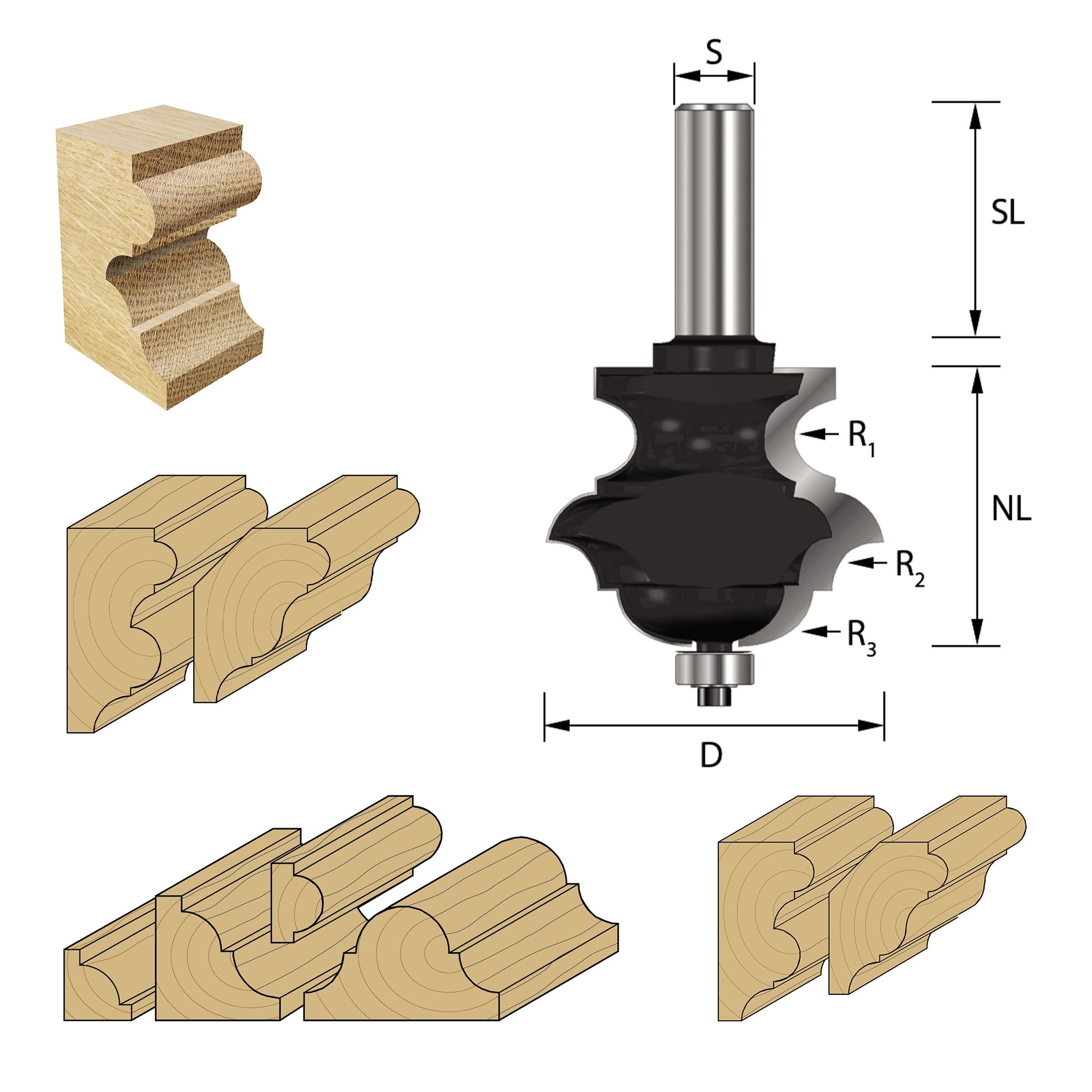 ENT 15520 Frez wielopostaciowy w wegliku, chwyt (S) 8 mm, srednica (D) 31,8 mm, NL 25,4 mm, R1 3,2 mm, R2 4 mm, R3 4,8 mm, SL 32 mm, z lozyskiem kulkowym
