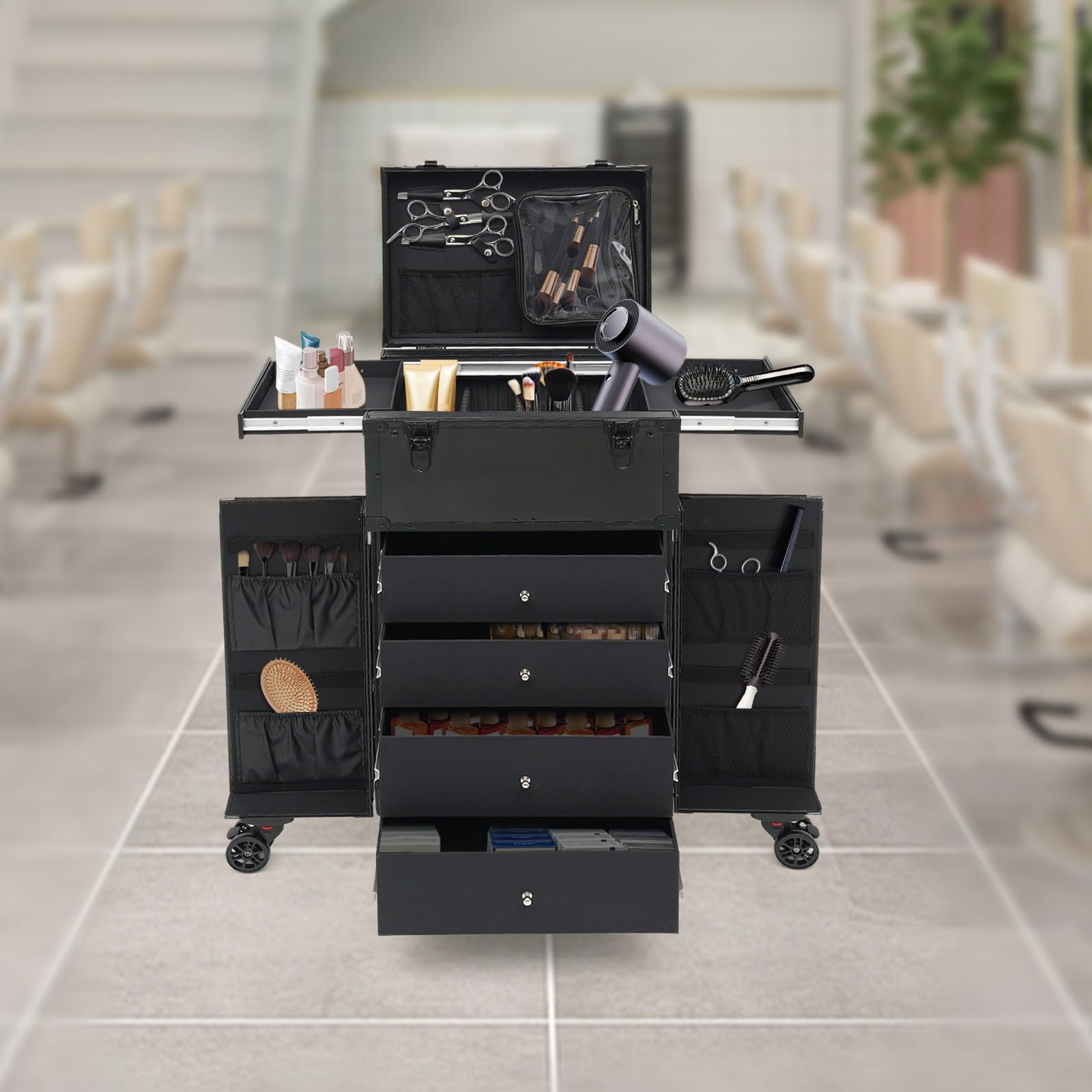 Makeup Koffer Kosmetikkoffer Schminkkoffer Groß Visagistenkoffer Beautycase Beauty Koffer für Make-up Artist Friseurkoffer Aluminiumlegierung mit 6 Universalrädern 4 Schlüsseln