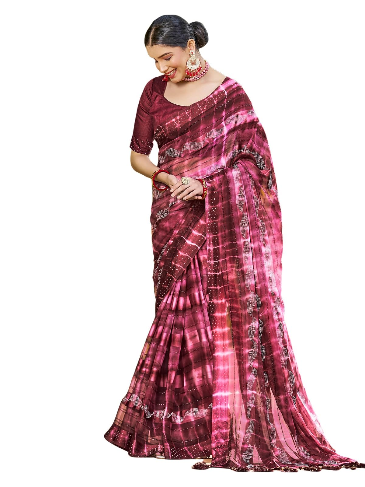 Satrani Women's Chiffon Printed & Hot Fixing Saree With Unstitched Blouse Piece (3398S252N_Maroon3)