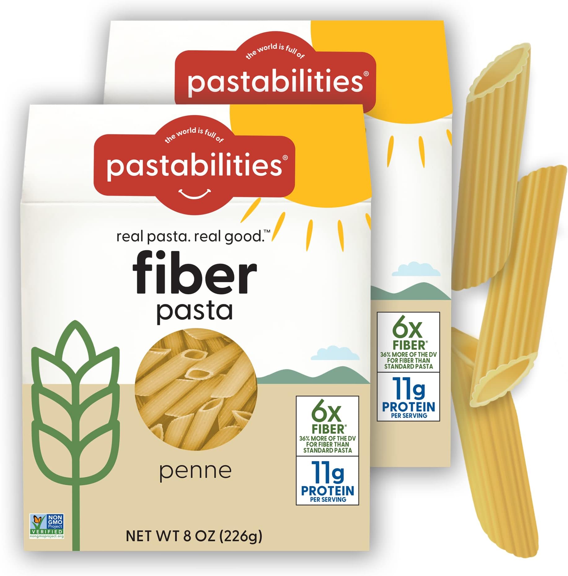 Pastabilities High Fiber Pasta - Penne Shaped - 11g Protein per serving, Delicious Taste & Texture, Excellent Source of Prebiotic Fiber, Plant-based, Vegan and Non GMO Certified (2 Pack, 8 Oz)
