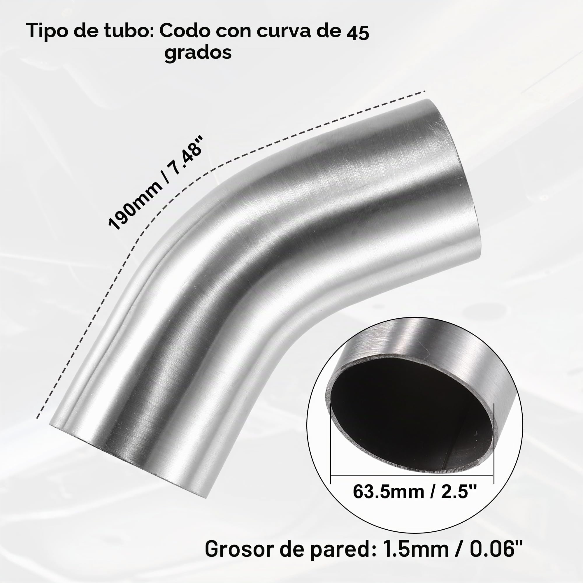 QUARKZMAN Codo De Escape De 45 Grados 1Pc Ss304 Acero Inoxidable | Color Plateado, Grosor 0.78 Pulgadas, Universal Para Automóvil, Longitud Total 178Mm, Ancho Total 110Mm