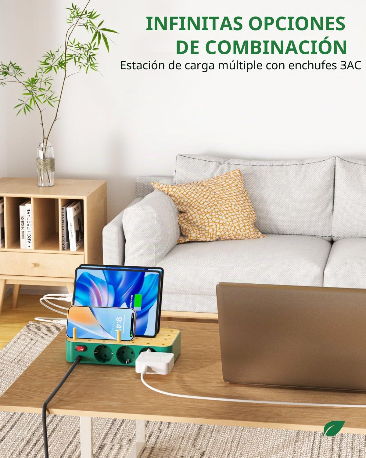 Estación de Carga USB-C de bambú para múltiples Dispositivos,60W, 6 Puertos con 3 Salidas de CA (3 USB C, 3 USBA),Cable de alimentación de 2 m para teléfono, lPad y Tableta(6 Cables incluidos),Verde