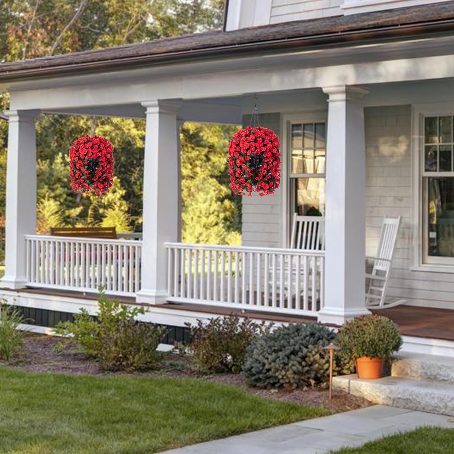 Artificial Fake Hanging Flowers Plants for Outdoor Outside Spring Summer Decoration, 2PCS Faux Silk Red Morning Glory UV Resistant Look Real Trailing Vines for Home Wedding Party Garden Patio Porch - Image 2