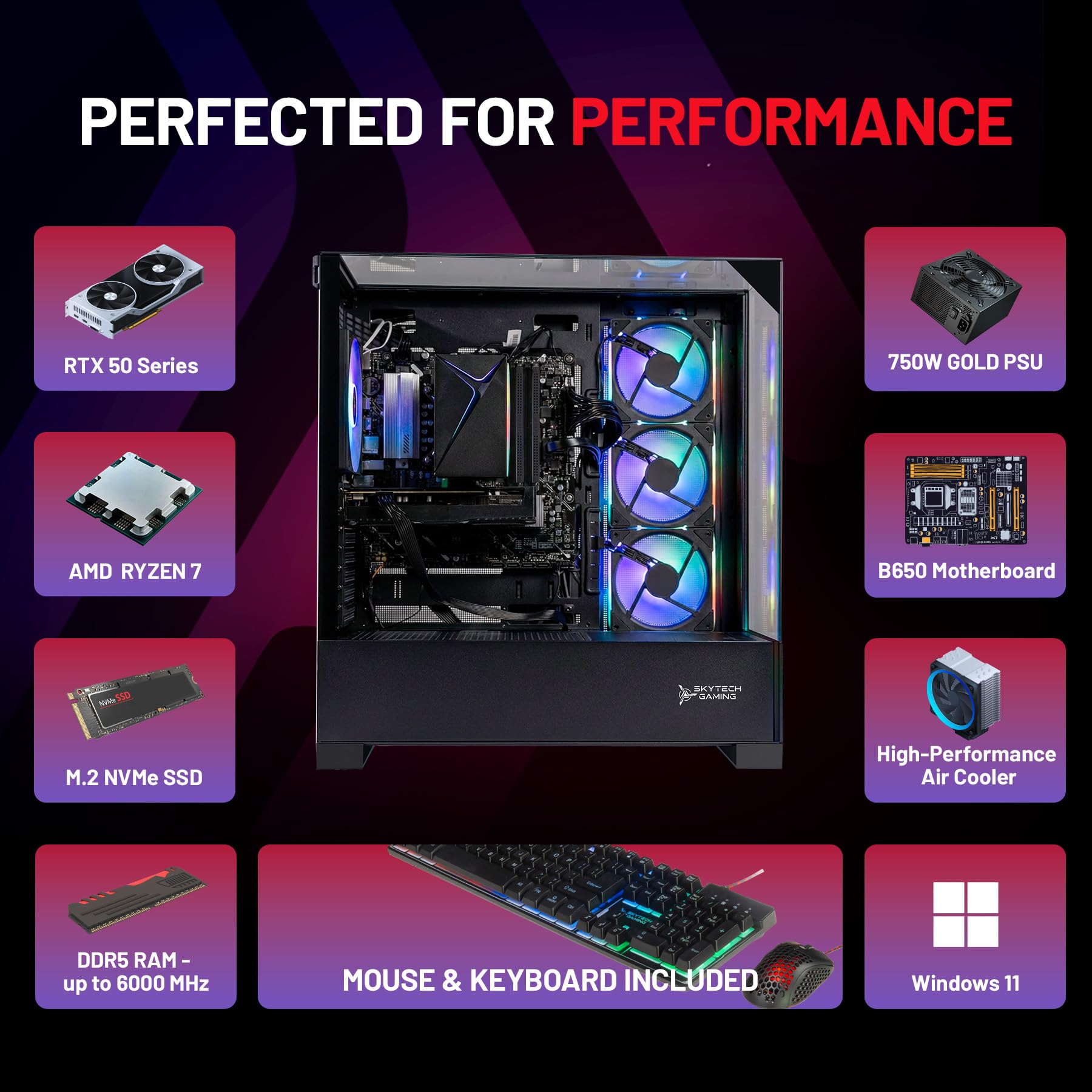 Skytech Gaming Shadow 5 Gaming PC, AMD Ryzen 7 7700 3.8GHz, NVIDIA RTX 5070 12GB VRAM, 1TB Gen4 NVMe SSD, 32GB DDR5 RAM 6000, 750W Gold PSU, WI-FI 5, Windows 11, Desktop