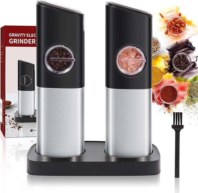 HEMOBAKY Electric Salt and Pepper Grinder Set with Recharging Base, Gravity Pepper Grinder with Adjustable Coarseness, Stainless Steel Mill with LED Light