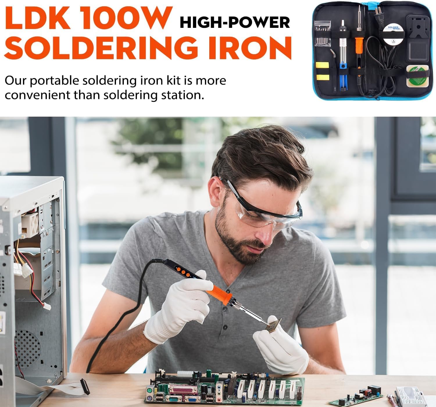 LDK Kit de soldador digital Cautin de 100 W para electrónica, bolígrafo de soldadura, pistola de soldar, kit de soldadura con 5 puntas, soporte, soldadura, pasta de soldadura, ventosa