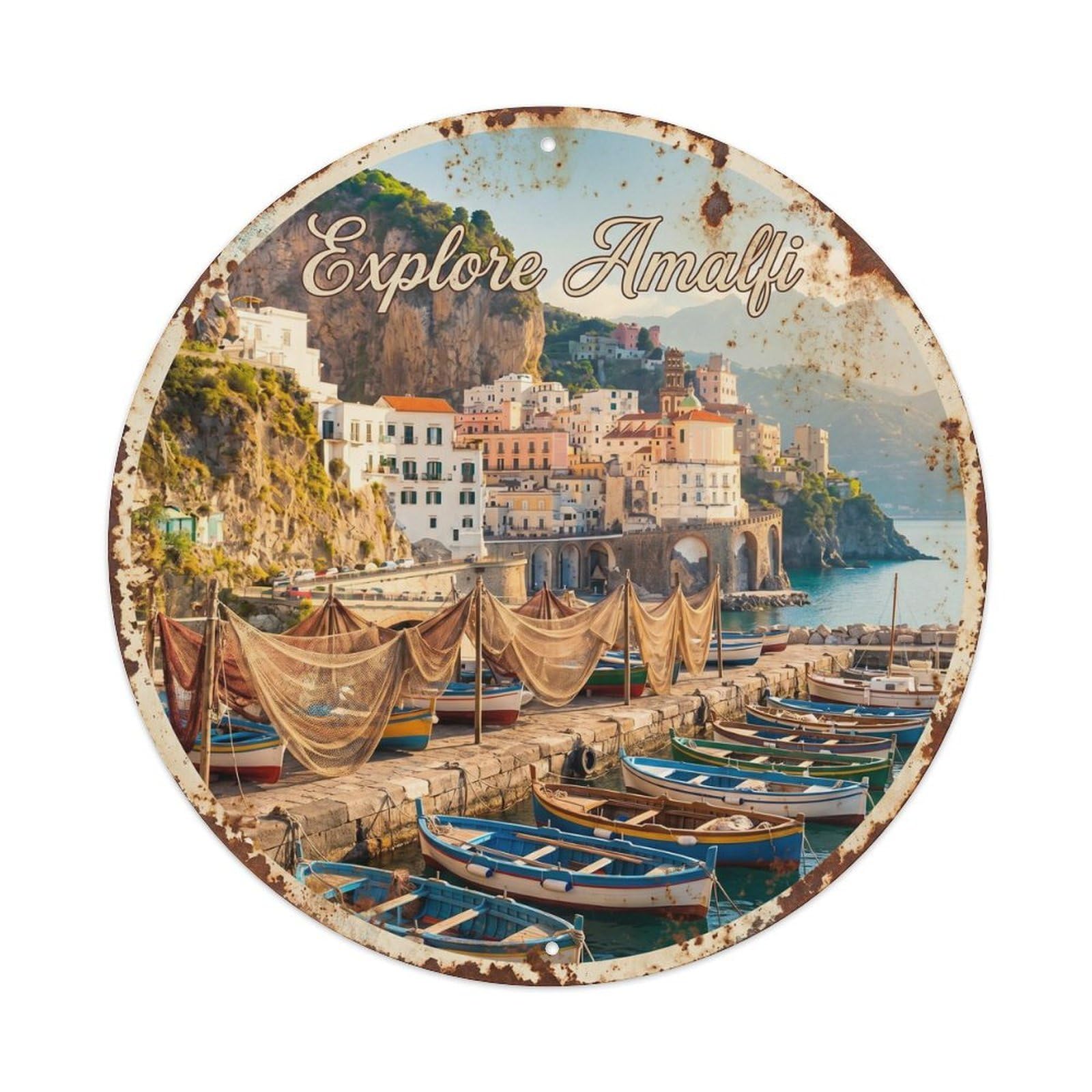Vintage Travel Coastal Fishing Nets Waterfront Metal Tin Sign Plaque