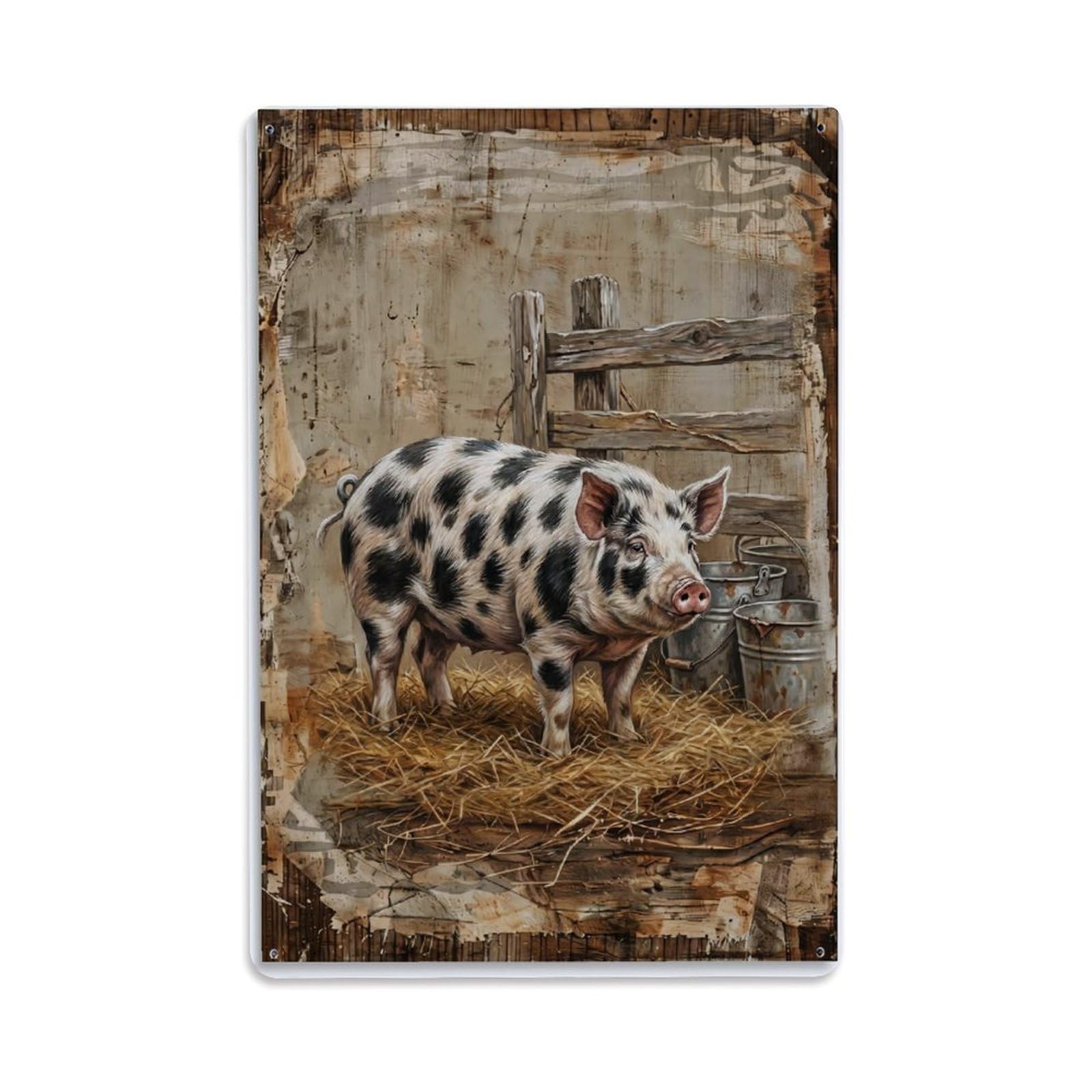 Spotted Pig Farm Barn Animal Straw Metal Tin Sign Plaque Wall Decor for Cafe, Club Bar, Office, Home Garden Metal Poster 8x12Inch
